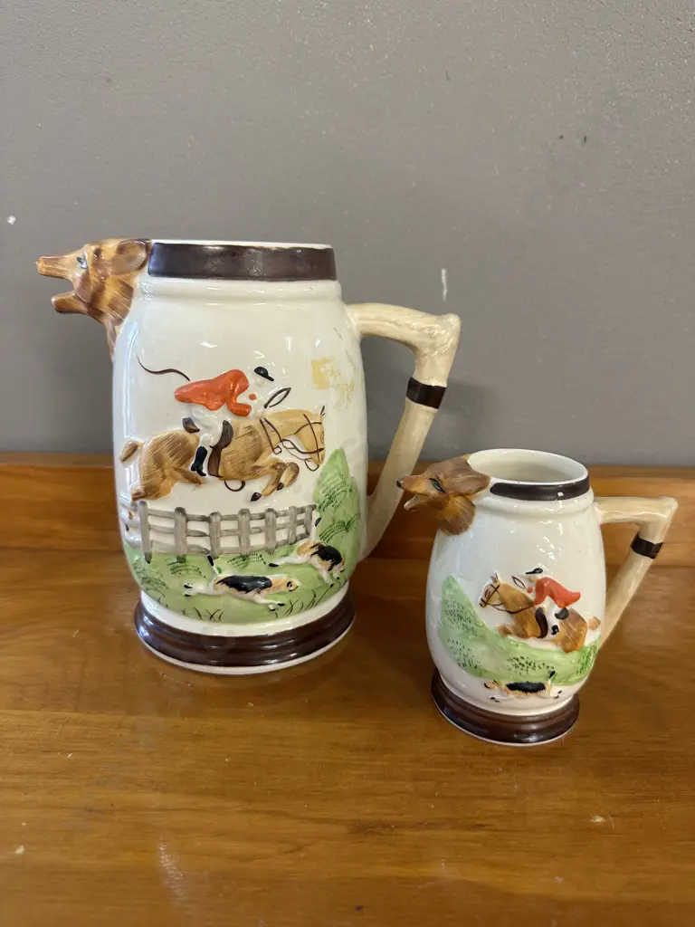Vintage Keele Pottery Staffordshire Fox Hunting 16cm Water / Milk Jug & 9cm Creamer Image 1++