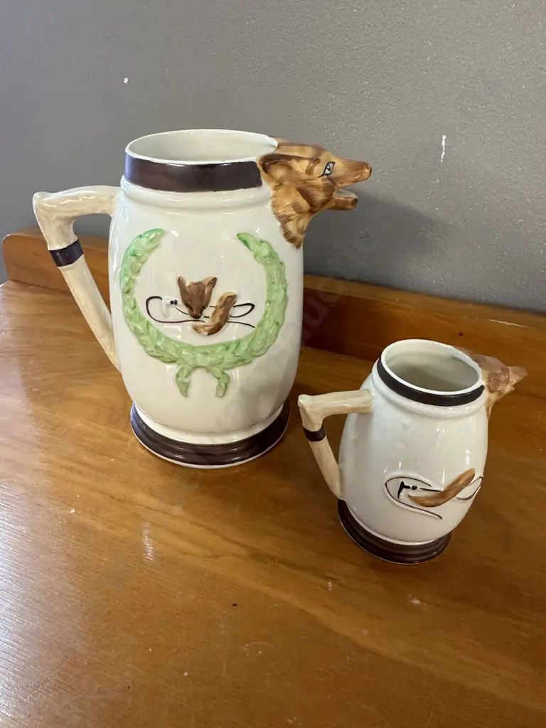 Vintage Keele Pottery Staffordshire Fox Hunting 16cm Water / Milk Jug & 9cm Creamer Image 1++
