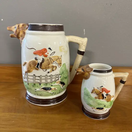 Vintage Keele Pottery Staffordshire Fox Hunting 16cm Water / Milk Jug & 9cm Creamer
