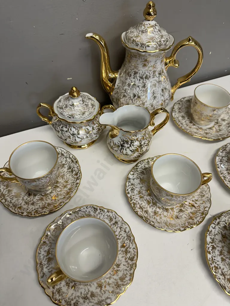 Vintage Foreign Coffee Pot, Sugar Bowl, Jug, Demi & Duos x 6, Gold Filigree (1 Cup As Found) Image 1++
