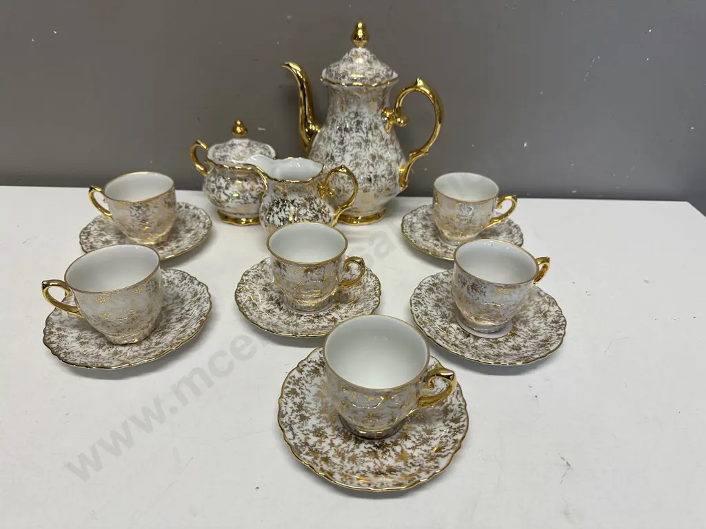 Vintage Foreign Coffee Pot, Sugar Bowl, Jug, Demi & Duos x 6, Gold Filigree (1 Cup As Found) Image 1++