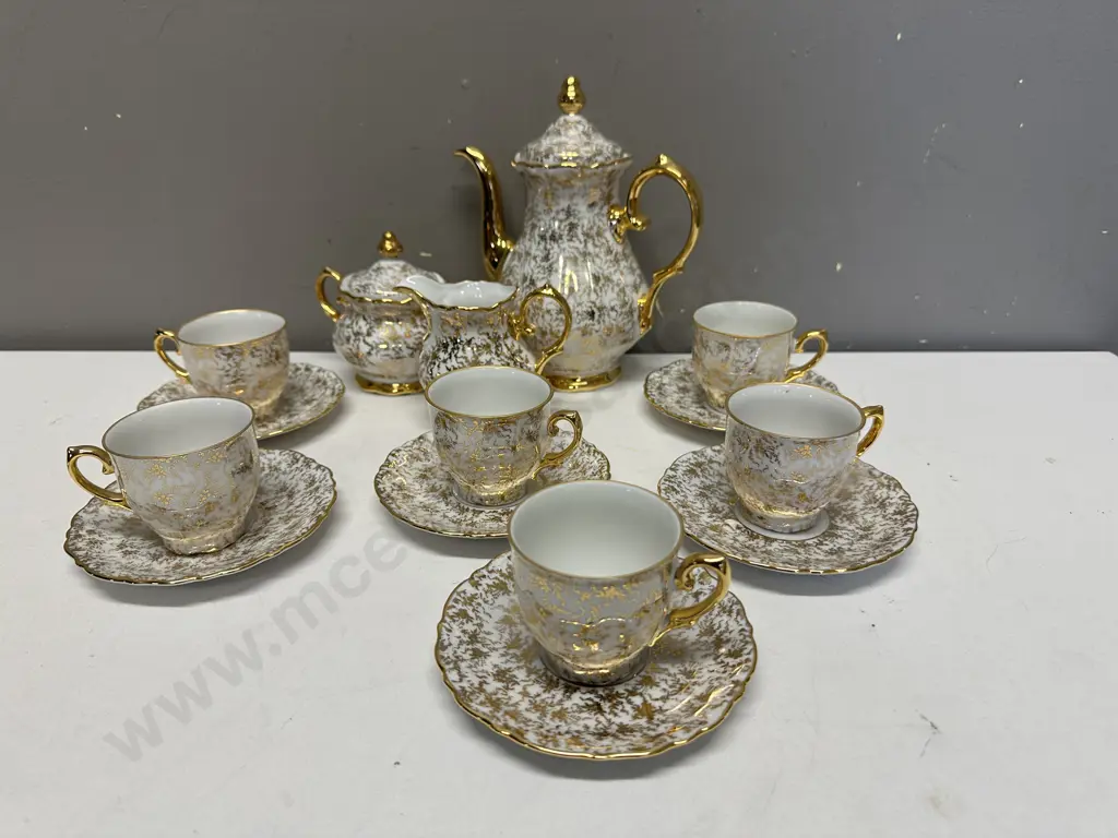 Vintage Foreign Coffee Pot, Sugar Bowl, Jug, Demi & Duos x 6, Gold Filigree (1 Cup As Found) Image 1++