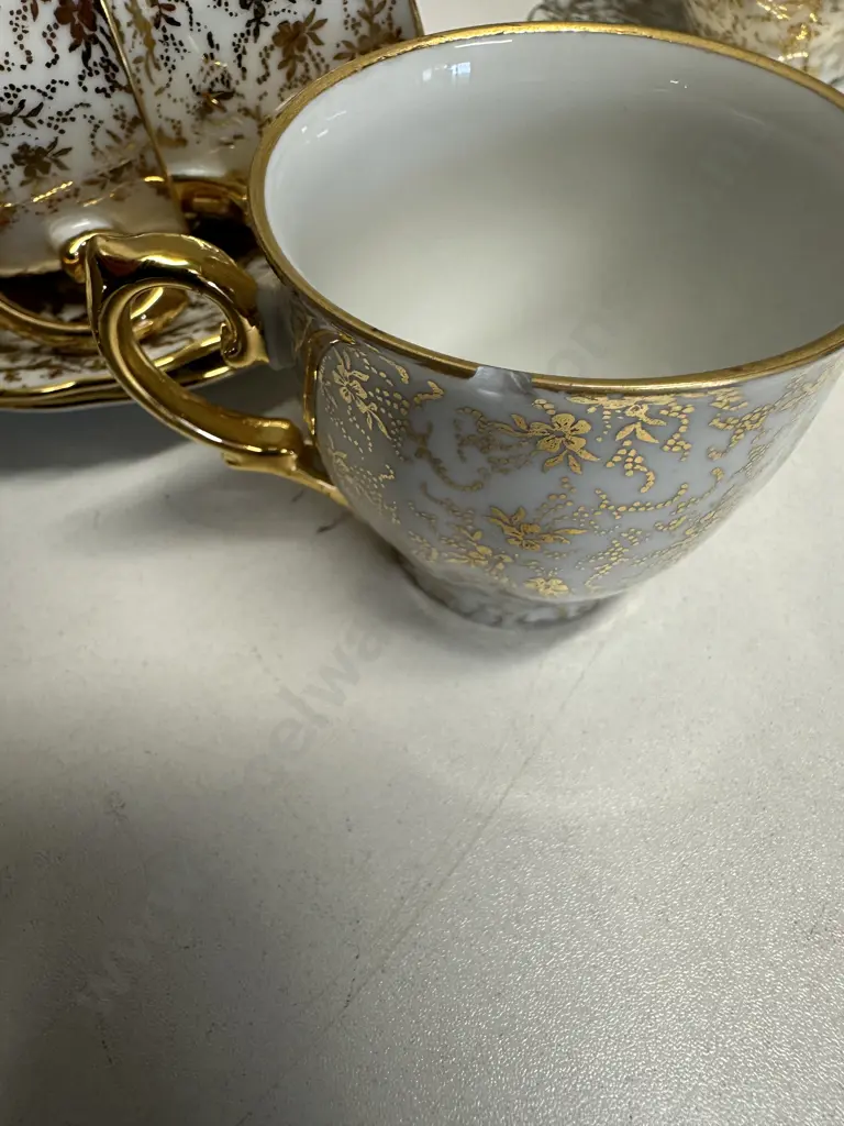 Vintage Foreign Coffee Pot, Sugar Bowl, Jug, Demi & Duos x 6, Gold Filigree (1 Cup As Found) Image 1++