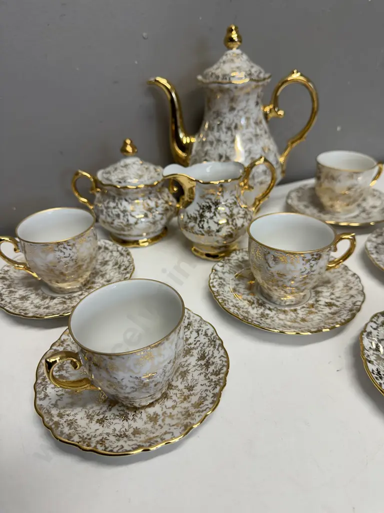 Vintage Foreign Coffee Pot, Sugar Bowl, Jug, Demi & Duos x 6, Gold Filigree (1 Cup As Found) Image 1++