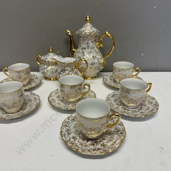 Vintage Foreign Coffee Pot, Sugar Bowl, Jug, Demi & Duos x 6, Gold Filigree (1 Cup As Found)