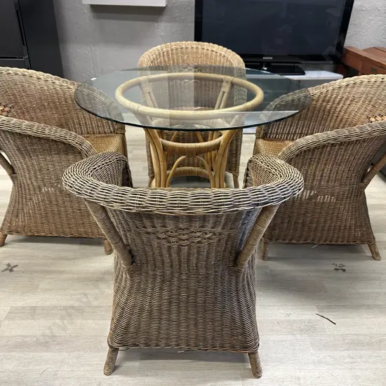 Vintage Rattan 5 Piece Dining Suite With a Round Glass Topped Table (72 x 106cm)