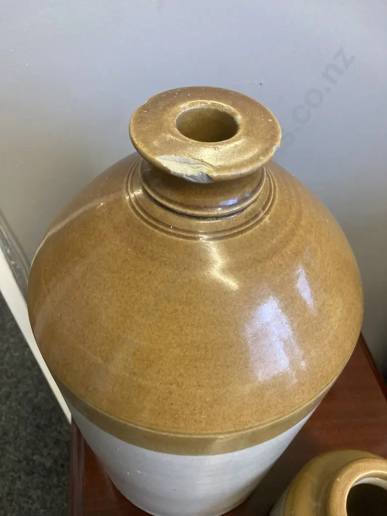 Vintage E L & S Stoneware Crock H19cm With a Two Tone Stoneware Jug With Chips On Rim. H42cm Image 1++
