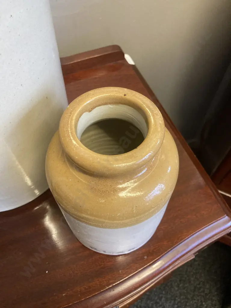 Vintage E L & S Stoneware Crock H19cm With a Two Tone Stoneware Jug With Chips On Rim. H42cm Image 1++