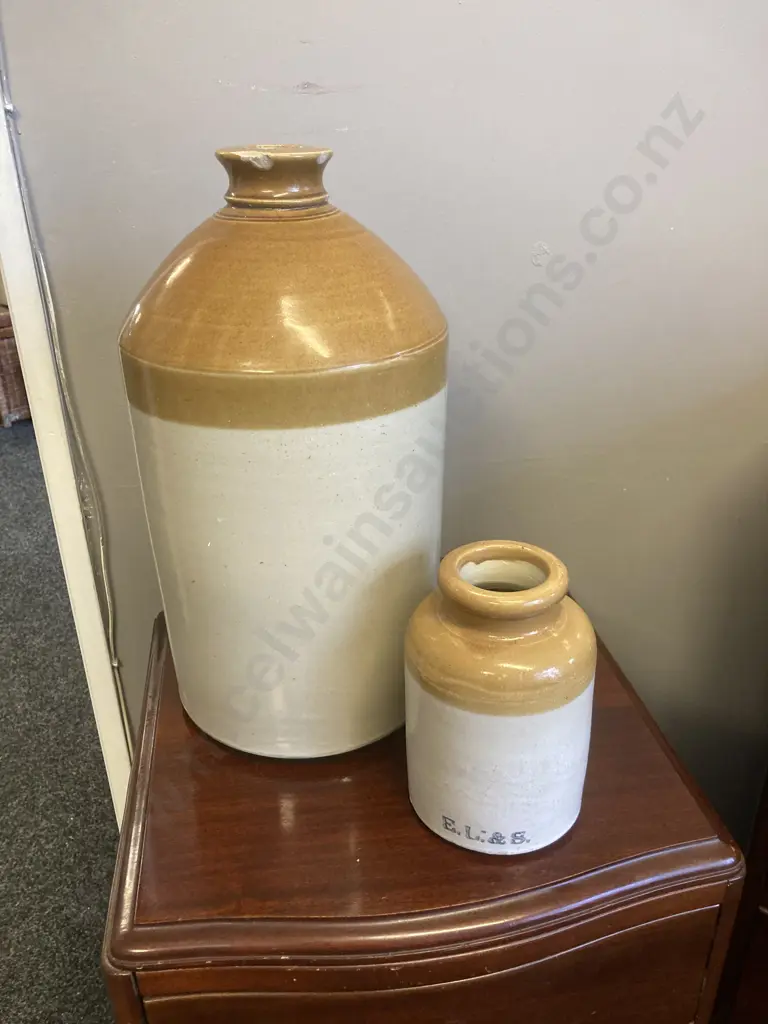 Vintage E L & S Stoneware Crock H19cm With a Two Tone Stoneware Jug With Chips On Rim. H42cm Image 1++