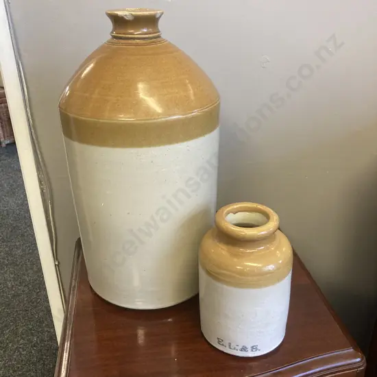 Vintage E L & S Stoneware Crock H19cm With a Two Tone Stoneware Jug With Chips On Rim. H42cm