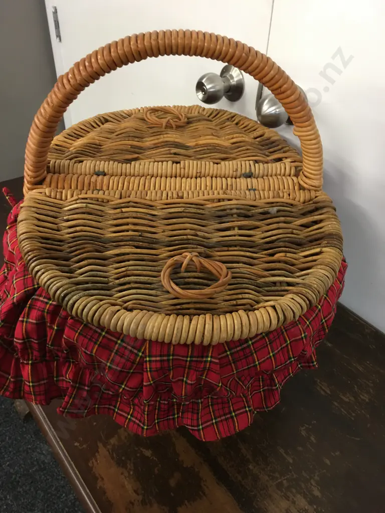 Cane Picnic Hamper Double Opening With Handle & Red/Yellow Check Liner  Image 1++