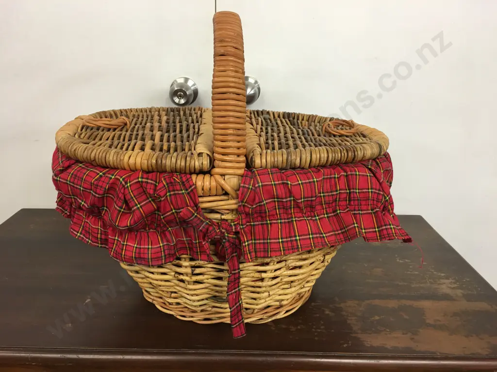 Cane Picnic Hamper Double Opening With Handle & Red/Yellow Check Liner  Image 1++