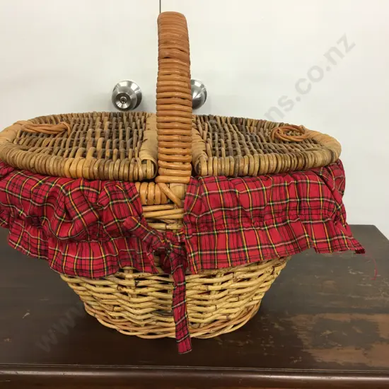 Cane Picnic Hamper Double Opening With Handle & Red/Yellow Check Liner 