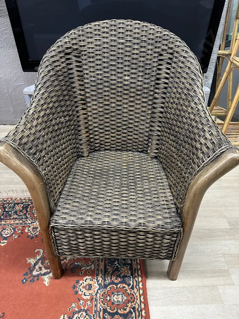 Vintage 1970s Wooden & Rattan Sofa With Pair of Armchairs Image 1++
