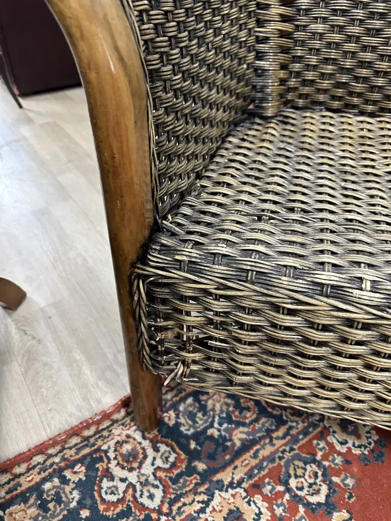 Vintage 1970s Wooden & Rattan Sofa With Pair of Armchairs Image 1++