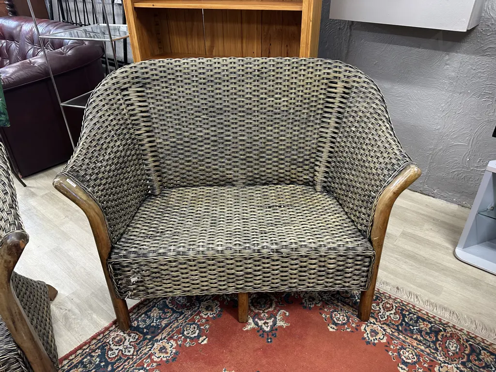 Vintage 1970s Wooden & Rattan Sofa With Pair of Armchairs Image 1++
