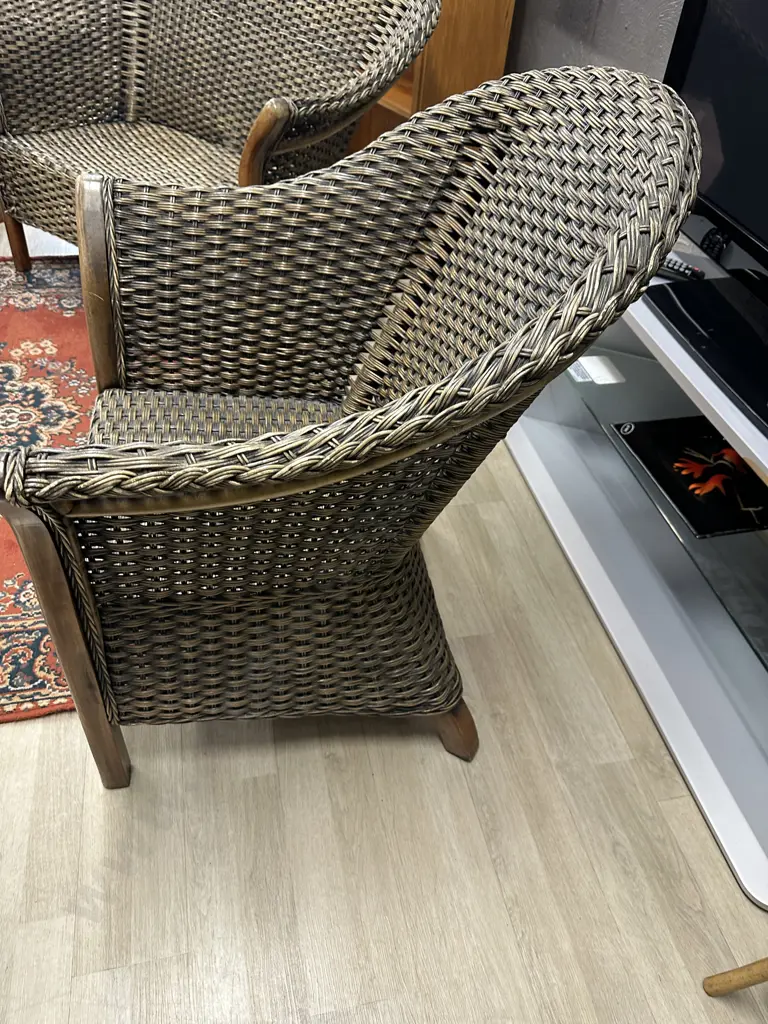 Vintage 1970s Wooden & Rattan Sofa With Pair of Armchairs Image 1++
