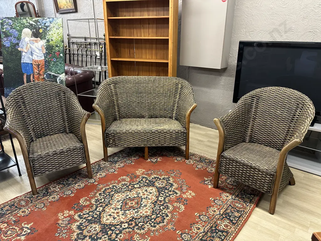 Vintage 1970s Wooden & Rattan Sofa With Pair of Armchairs Image 1++