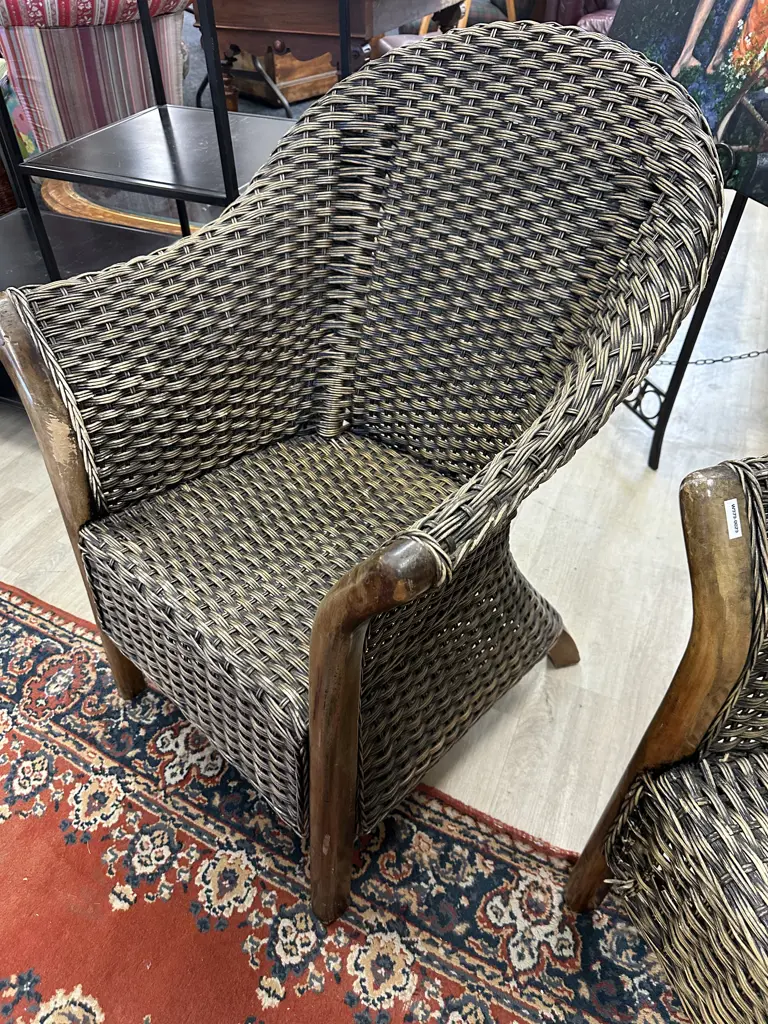 Vintage 1970s Wooden & Rattan Sofa With Pair of Armchairs Image 1++