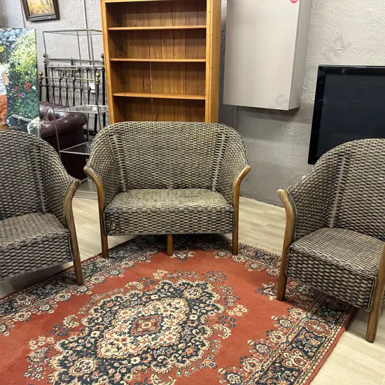 Vintage 1970s Wooden & Rattan Sofa With Pair of Armchairs