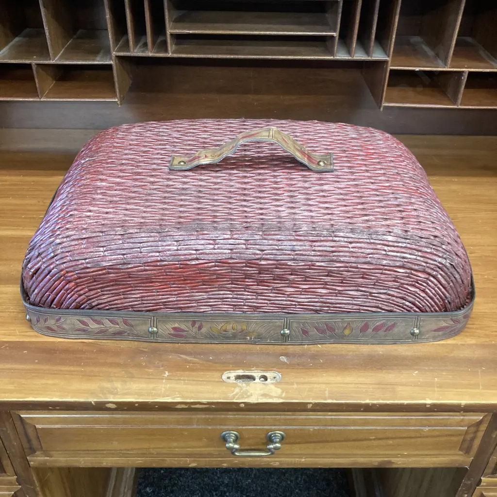 Vintage Rattan & Leather Food Cover. H13 W58.5 D41cm Image 1++