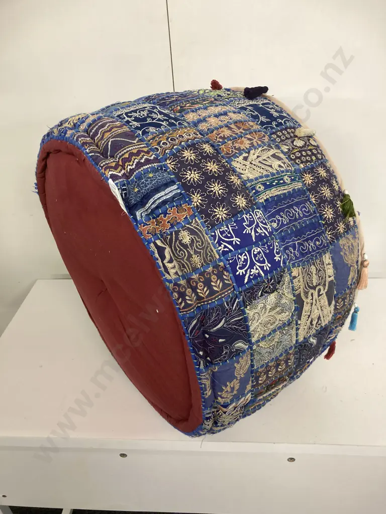 Round Large Embroidered Patchwork Ottoman Image 1++