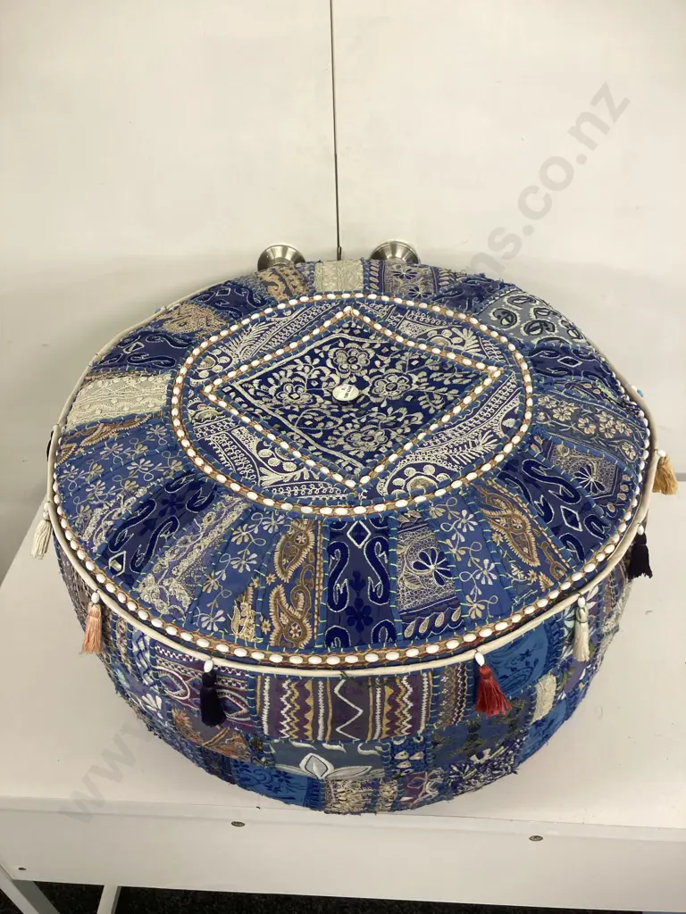 Round Large Embroidered Patchwork Ottoman Image 1++
