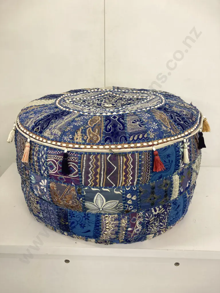 Round Large Embroidered Patchwork Ottoman Image 1++