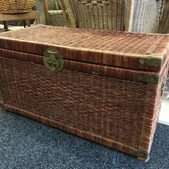 Woven Wicker & Brass Blanket Box. H42 W80 D40cm