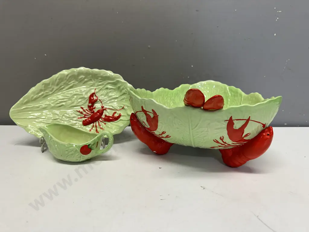 Carltonware Hand Painted Lobster Cabbage Leaf Serving Bowl, Salad Servers, Dish & Tomato Jug Image 1++