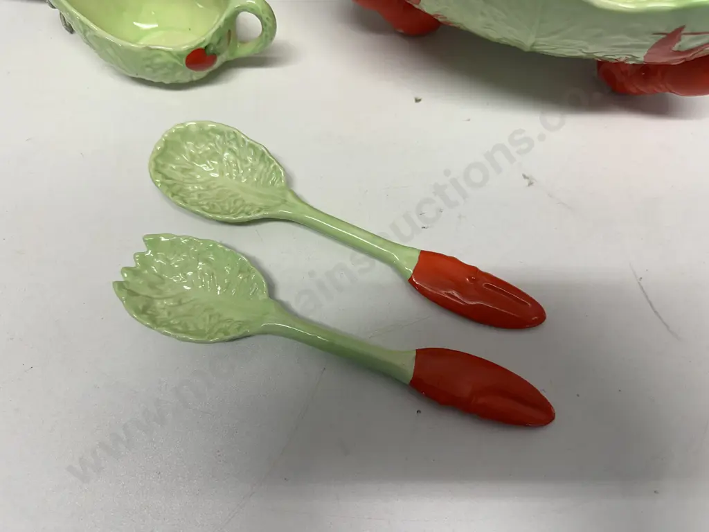 Carltonware Hand Painted Lobster Cabbage Leaf Serving Bowl, Salad Servers, Dish & Tomato Jug Image 1++