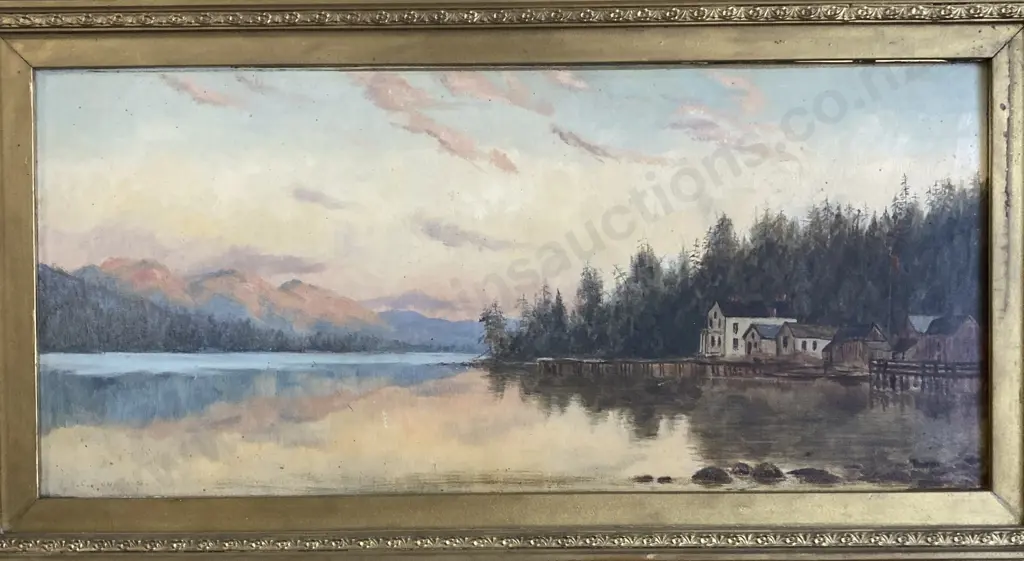 Original Antique Oil Painting On Canvas Signed JWC ....? Houses, Trees & River Landscape, 38 x 68 Ornate Gilt Framed Image 1++