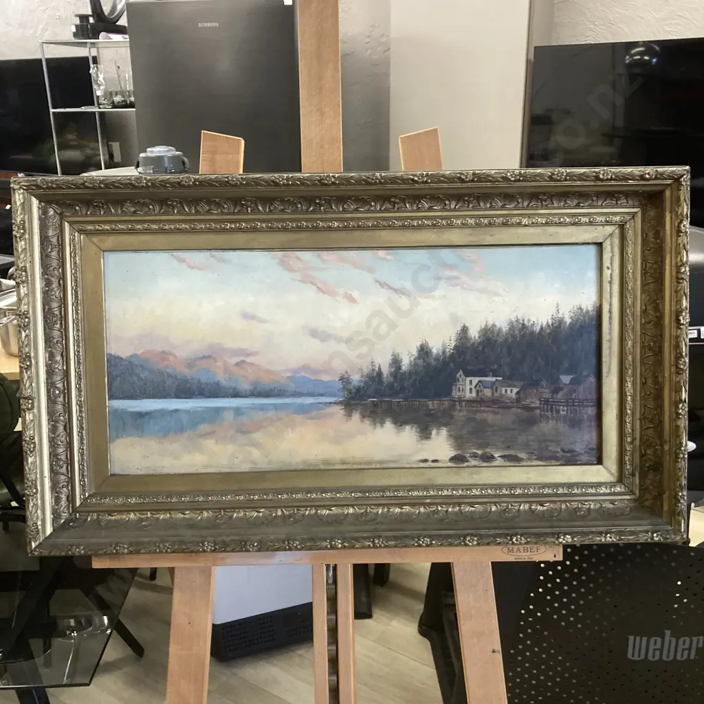 Original Antique Oil Painting On Canvas Signed JWC ....? Houses, Trees & River Landscape, 38 x 68 Ornate Gilt Framed Image 1++