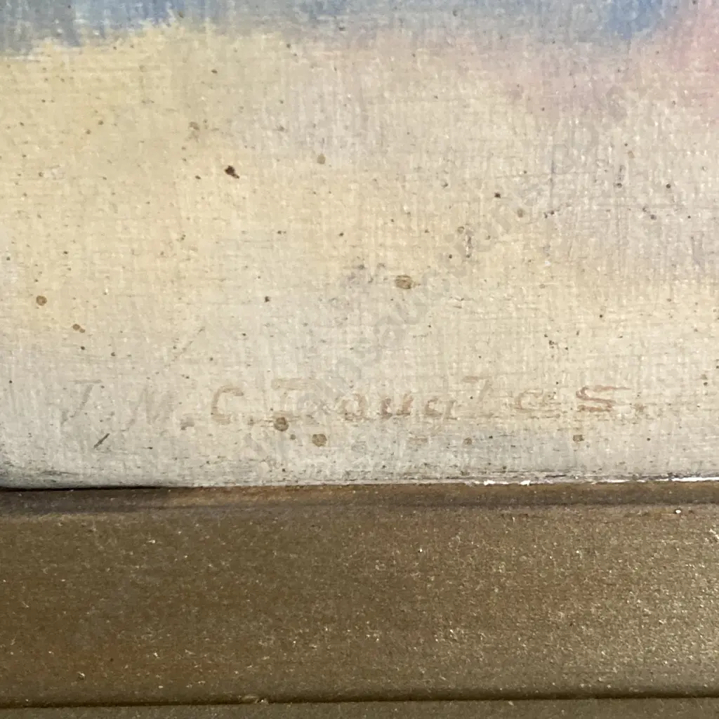Original Antique Oil Painting On Canvas Signed JWC ....? Houses, Trees & River Landscape, 38 x 68 Ornate Gilt Framed Image 1++