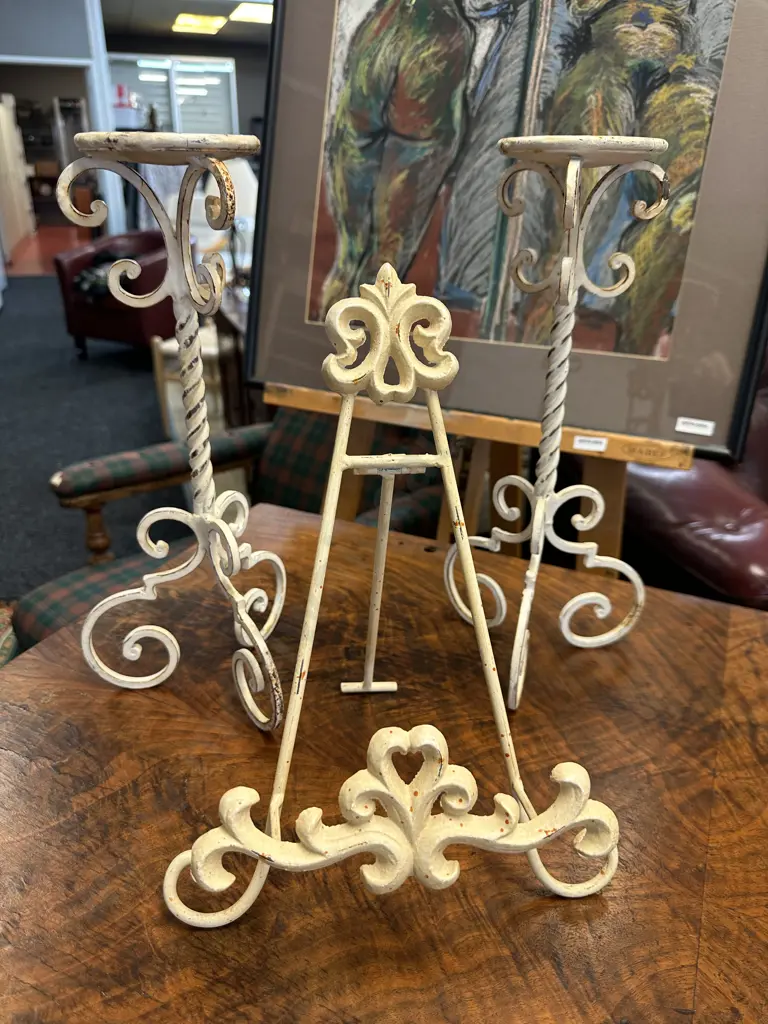 Pair of Cream French Style Candlesticks With a Small Easel Image 1++