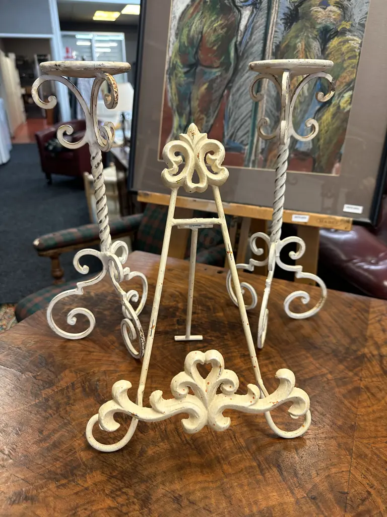 Pair of Cream French Style Candlesticks With a Small Easel Image 1++
