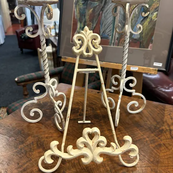 Pair of Cream French Style Candlesticks With a Small Easel