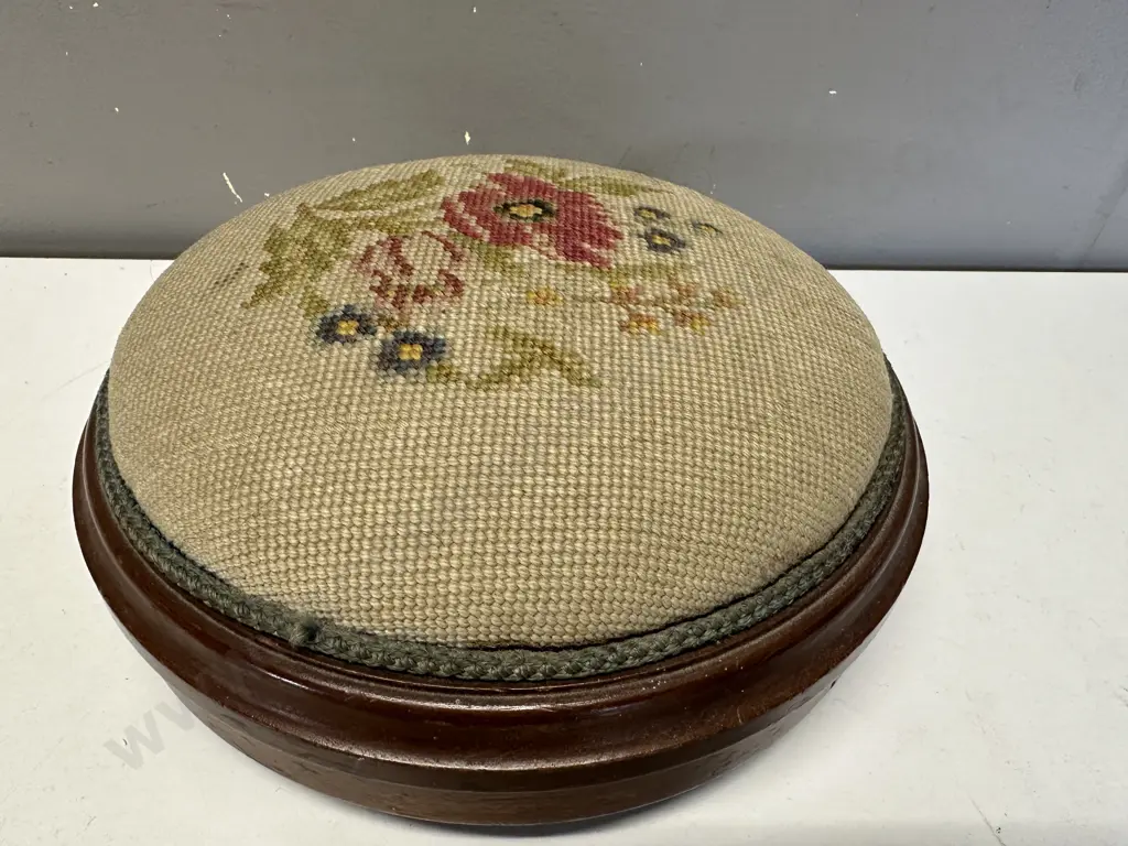 Antique Tapestry Foot Stool Circular Swivel Top Image 1++