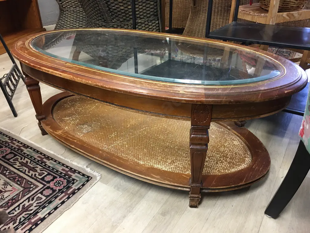 Vintage Rattan & Wood Oval Coffee Table With Bevelled Glass Top & Rattan Lower Shelf Image 1++