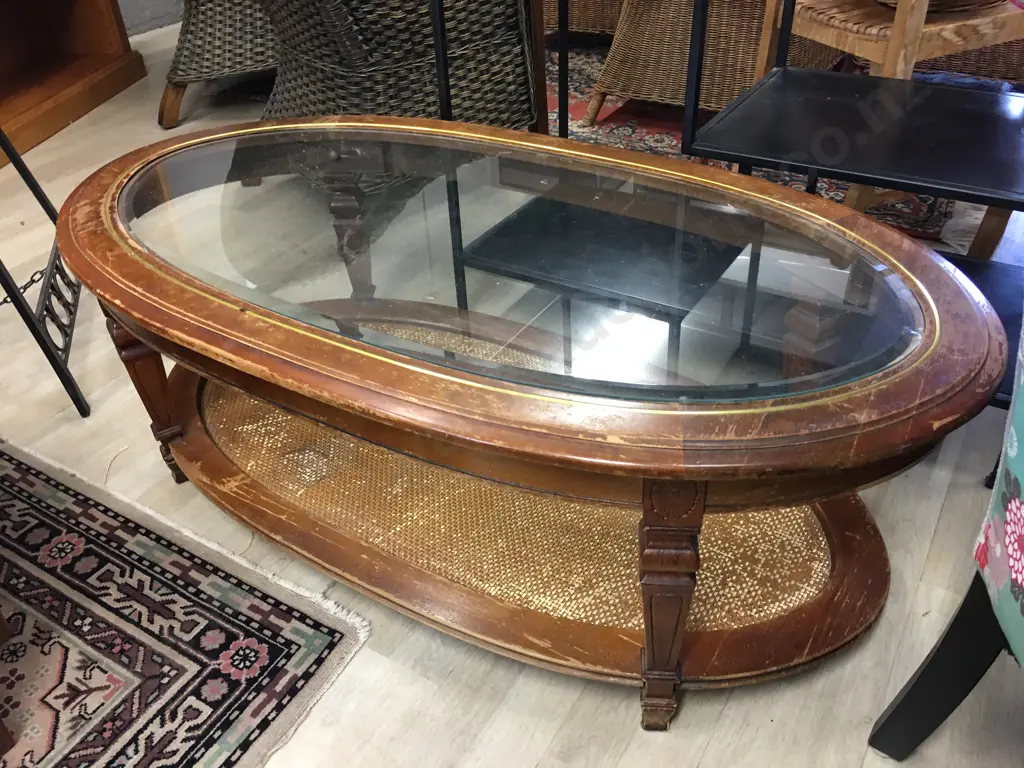 Vintage Rattan & Wood Oval Coffee Table With Bevelled Glass Top & Rattan Lower Shelf Image 1++
