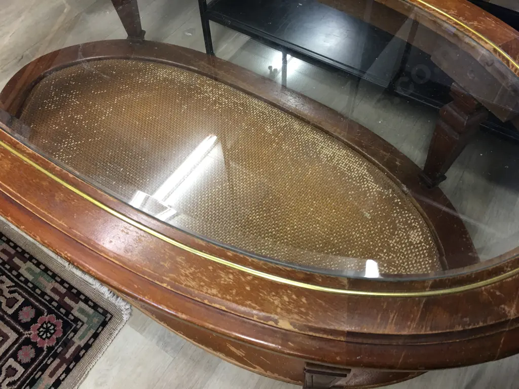 Vintage Rattan & Wood Oval Coffee Table With Bevelled Glass Top & Rattan Lower Shelf Image 1++
