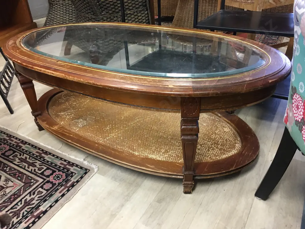 Vintage Rattan & Wood Oval Coffee Table With Bevelled Glass Top & Rattan Lower Shelf Image 1++