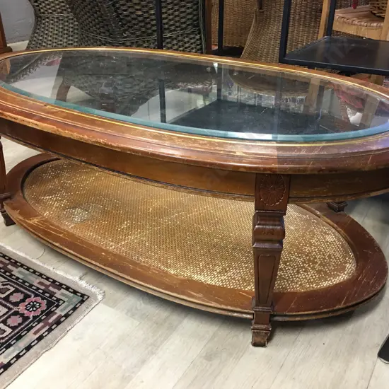 Vintage Rattan & Wood Oval Coffee Table With Bevelled Glass Top & Rattan Lower Shelf