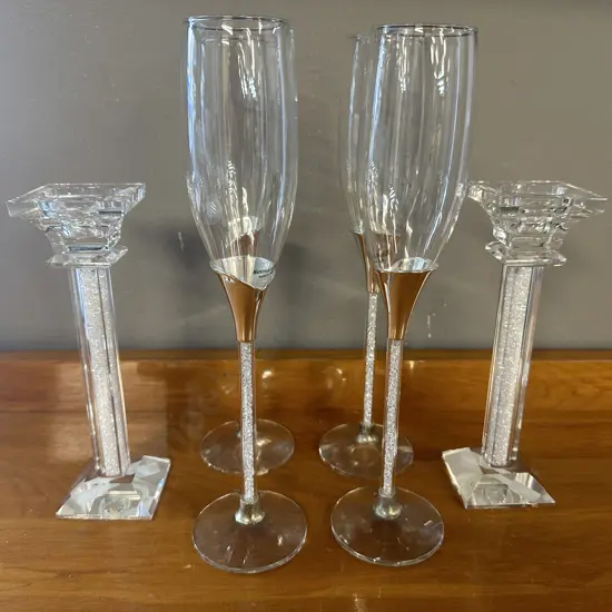 Crystal Fiqurine Candlestick Holders & Champagne Glasses x4