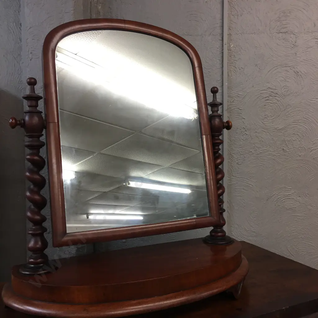 Victorian Mahogany Dressing Table Cheval Mirror With Barley Twist Detailing, Four Small Carved Feet. H81 W73 D30cm Image 1++