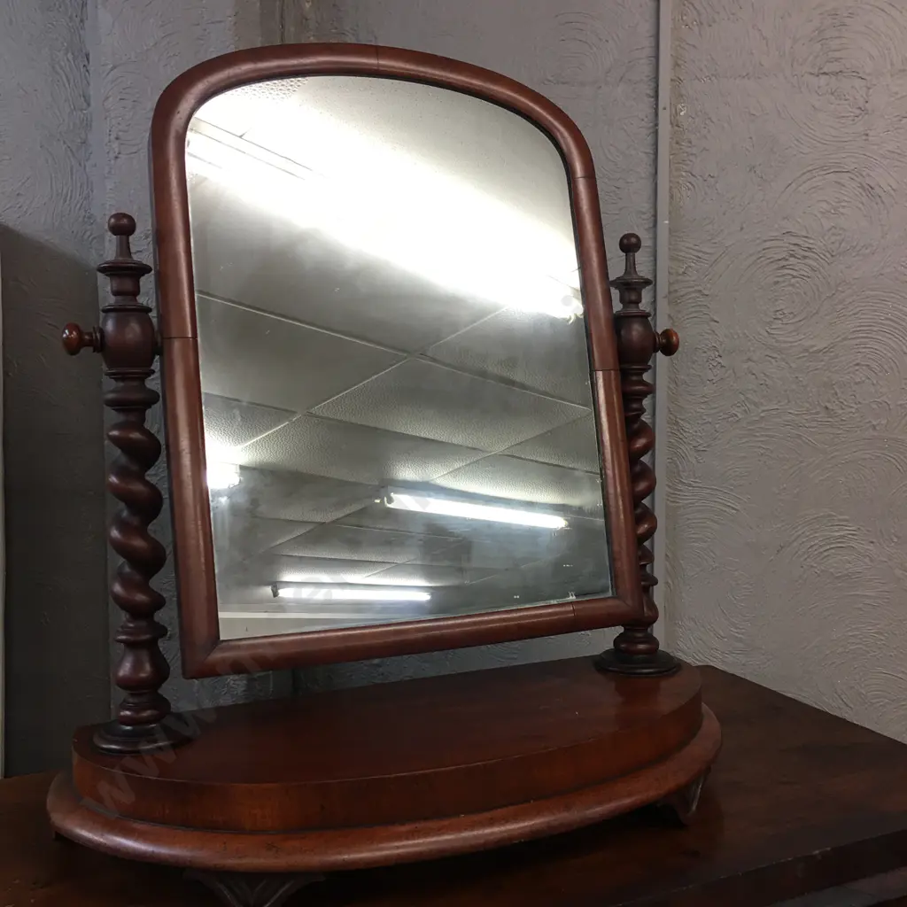 Victorian Mahogany Dressing Table Cheval Mirror With Barley Twist Detailing, Four Small Carved Feet. H81 W73 D30cm Image 1++