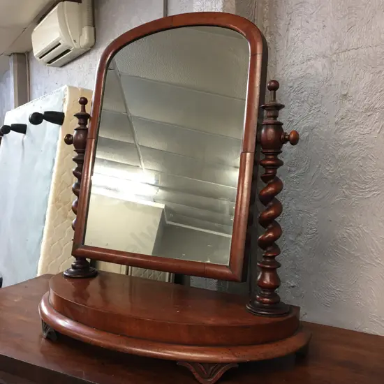 Victorian Mahogany Dressing Table Cheval Mirror With Barley Twist Detailing, Four Small Carved Feet. H81 W73 D30cm
