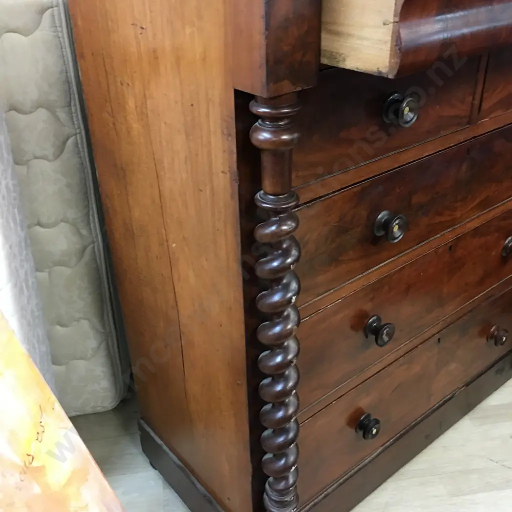 Victorian Mahogany Scotch Chest On Barley Twist Supports, 6 Drawers Including Hidden. H130 W122 D56cm Image 1++
