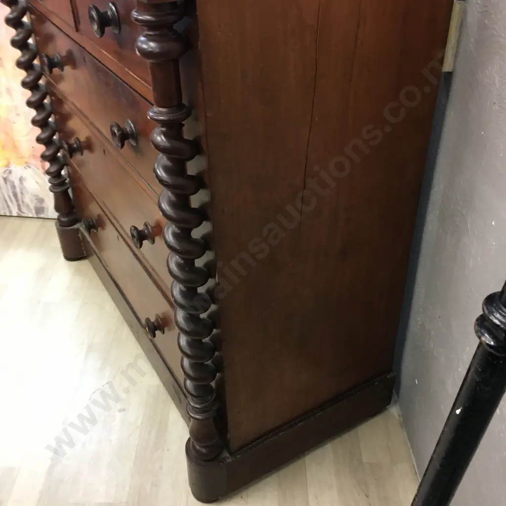 Victorian Mahogany Scotch Chest On Barley Twist Supports, 6 Drawers Including Hidden. H130 W122 D56cm Image 1++