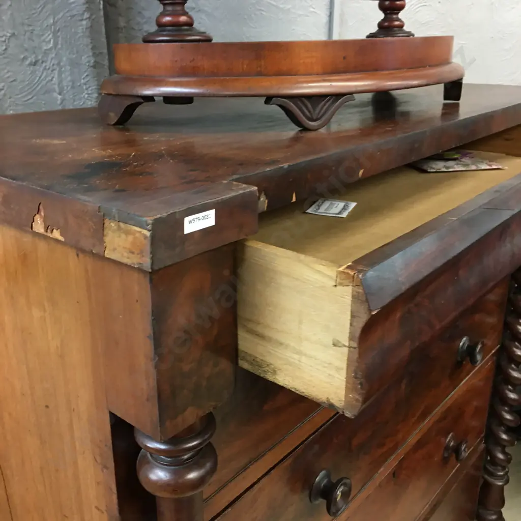 Victorian Mahogany Scotch Chest On Barley Twist Supports, 6 Drawers Including Hidden. H130 W122 D56cm Image 1++